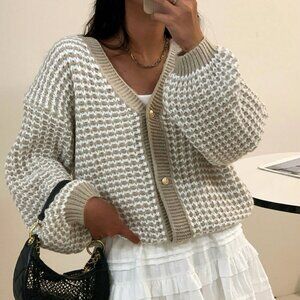 Khaki Casual Women's Plaid Print Button Front V-Neck Long Sleeve Cardigan